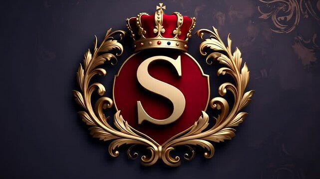 Gold emblem, red letter "S" with crown, against dark backdrop