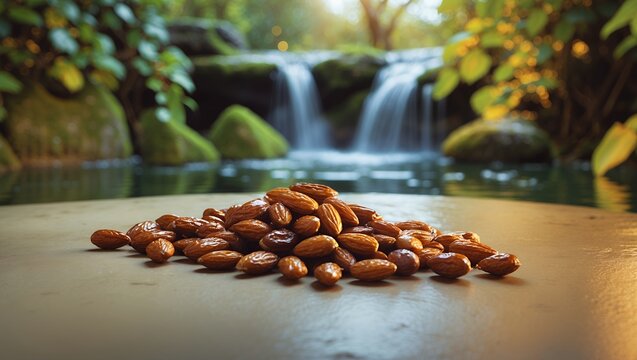 Pile of Almonds with a Tranquil Waterfall Backdrop in Nature