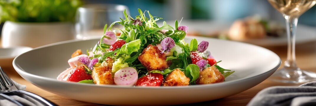 Gourmet caesar salad with strawberries and edible flowers impressing restaurant patrons