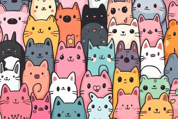 Multicolor Cat Crowd: An adorable array of cheerful cats forms a colorful, cute pattern in a whimsical illustration, evoking joy.