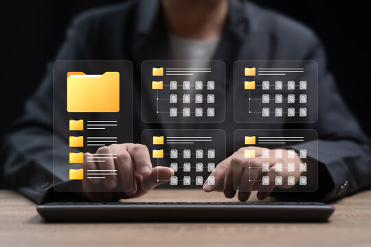 DMS, Security Document Management System concept, Businessman show document dashboard uses technology software systems to manage, Automation Searching, Managing digital files, Cloud storage folders