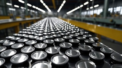 Obraz premium Industrial aesthetic: rows of identical silver metal bottle caps mockup glide along a modern factory conveyor belt. Metallic textures highlight precision and manufacturing. Beverage packaging template