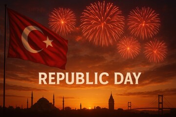 Republic Day Turkey Banner with National Flag and Fireworks