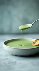 Delicious green soup served in a bowl with a spoon and crispy garnish on the side