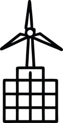 Simple black and white line drawing of a wind turbine atop a building with multiple windows representing renewable energy and modern architecture