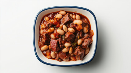 Hearty beef and bean stew served in a rustic bowl, capturing a warm meal perfect for cold weather gatherings