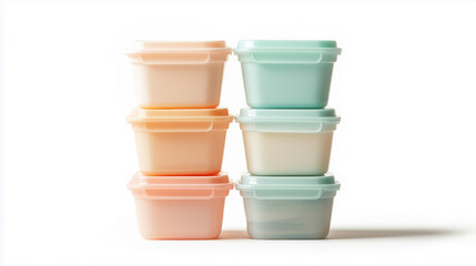 Organized stack of colorful storage containers in pastel shades on a light background