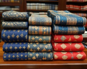 Folded silk fabrics with gold patterns stack on the wooden table. Best for showcasing textiles and traditional clothing retail concepts.