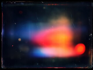 Abstract grunge film grain texture with colorful vintage light leaks on dark background, retro blurry orange blue red streaks for design elements overlay.​