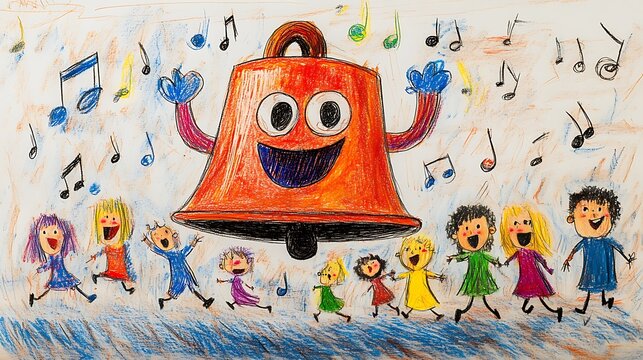 Crayon Style Monster Bell Ringing with Dancing Kids and Musical Notes children art drawing,Generative Ai
