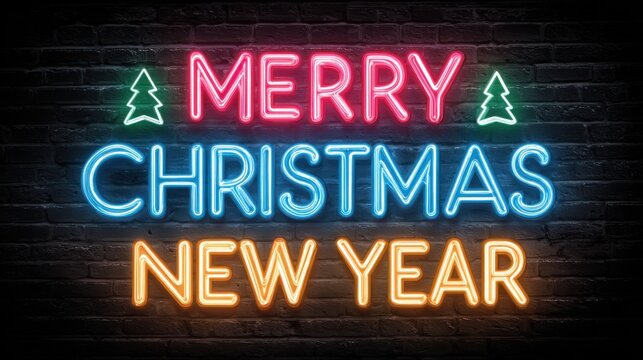 Neon merry christmas and happy new year vector sign, xmas lights shopping billboard, no logos, no brands