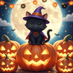 Cute Halloween Black Cat on Pumpkin