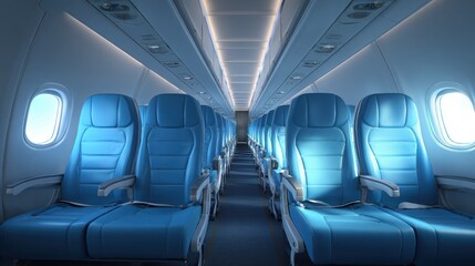 Interior of an empty airplane cabin with blue seats and windows, designed for airline travel comfort.