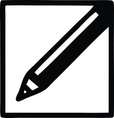A minimalist black and white graphic icon depicting a sharpened pencil poised within a square frame ready to write
