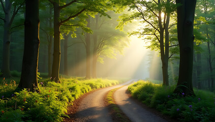 Obraz premium Golden morning glow on forest trail