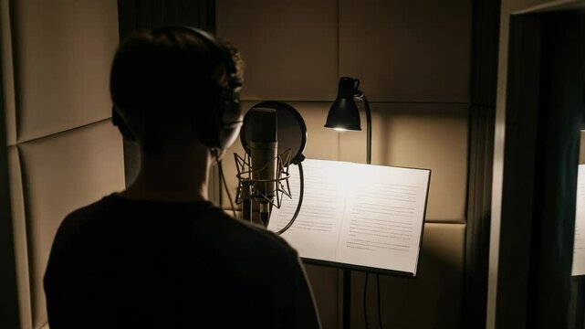 Rear view of a male voice actor recording in a dark sound booth. Young man with headphones reading a script into a professional microphone.