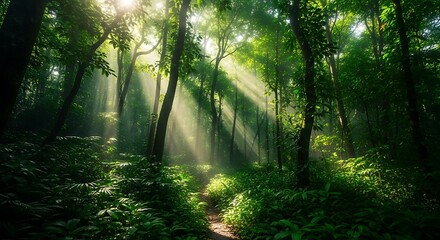 Obraz premium Sunlight through misty forest path