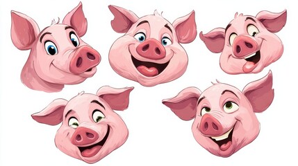 Pig Head Cartoon Characters 3. Vector Collection Set, no logos, no brands