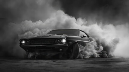 Muscle Car Drifting with Smoke in Dramatic Black and White Shot