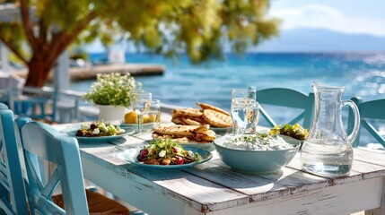 Fototapeta premium Greek seaside taverna table set for lunch with turquoise sea view