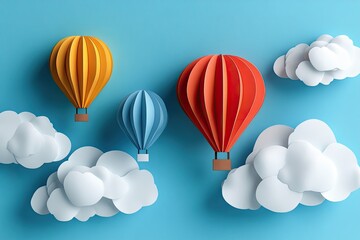 Obraz premium Three paper hot air balloons are floating amidst puffy white clouds. Perfect for inspiring themes of adventure, travel, or joyful celebration.