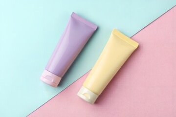 Pastel Skincare Tubes on Pink and Blue Background for Cosmetic Mockup