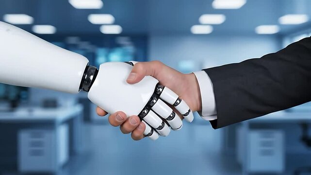 Un homme et un robot IA se serrent la main pour signifier l'int&eacute;gration de l'intelligence artificielle dans les flux de travail