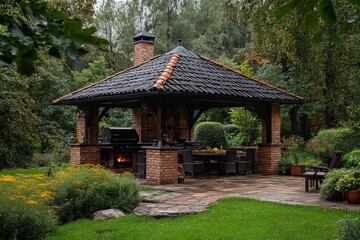 Modern outdoor kitchen with lit fireplace in a beautiful gazebo, perfect for cooking and dining in nature
