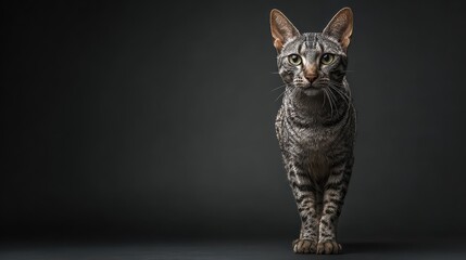 Wide shot of a Egyptian Mau cat standing, studio portrait.