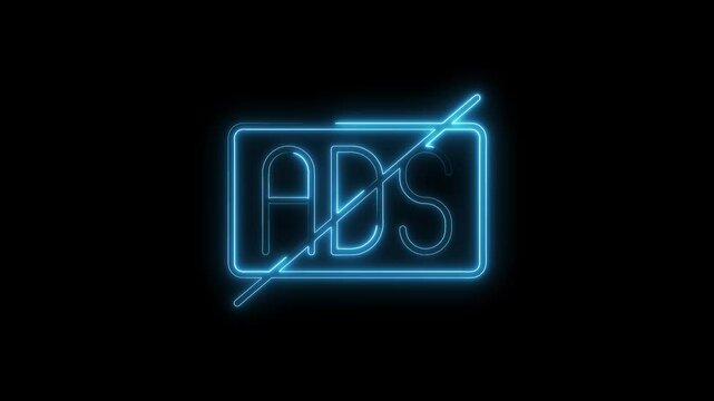 Digital no ads neon icon animation on black background for technology and business concepts