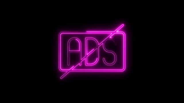 Neon glowing no ads symbol animation bright purple silhouette on black background advertising concept