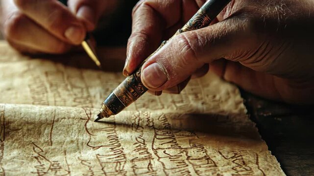 Closeup of a person writing a heartfelt letter on ancient paper with a quill in a serene setting, Closeup of writing a letter on ancient paper, ancient scrolls