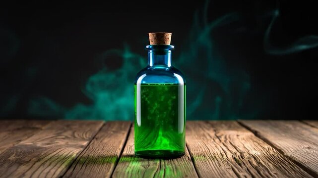 Blue glass bottle filled with a bubbling, bright green liquid and cork stopper on old wooden planks against a dark smoky background