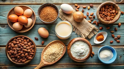 Baking Ingredients Still Life with Eggs Flour Sugar Milk and Argan Nuts on Wood
