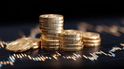 A stack of gold coins with stock market graphs in the background on a digital screen