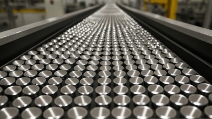 Obraz premium Rows of identical round silver metal bottle caps mockup moving on a clean, modern factory conveyor belt. Metallic textures, sense of precision and manufacturing, industrial aesthetic. Beverage packagi