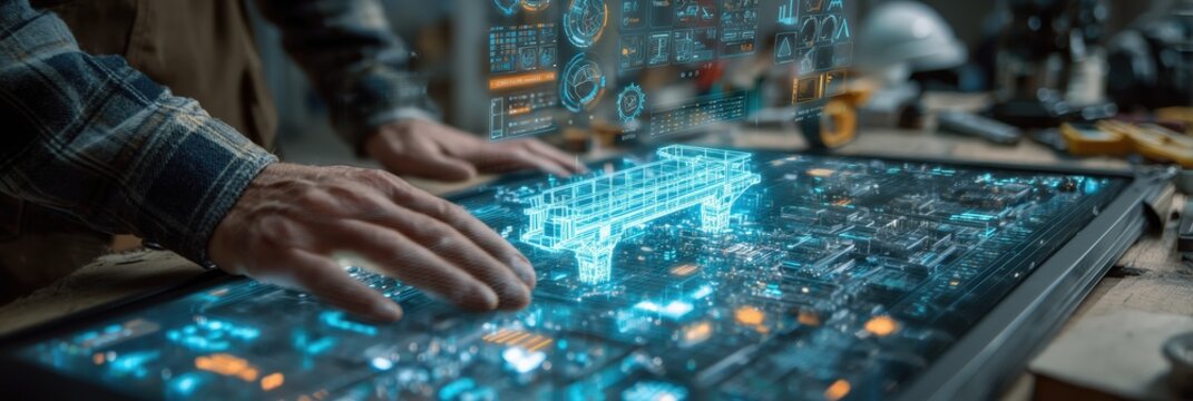 Engineer interacting with futuristic holographic interface showing 3d model of a bridge project - Powered by Adobe