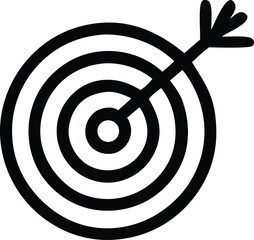 A simple black and white graphic illustration of a dart hitting the bullseye of a target symbolizing focus and achievement