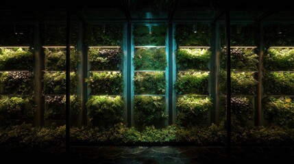 A high-tech vertical garden with robotic plant care systems and bioluminescent plants.