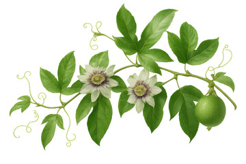 Botanical illustration of a passion fruit branch with flowers and unripe fruit, isolated on transparent background