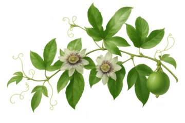 Botanical illustration of a passion fruit branch with flowers and unripe fruit, isolated on transparent background