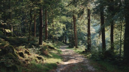 Obraz premium A quiet forest path lined with tall trees and dappled sunlight, leading to a peaceful and secluded spot