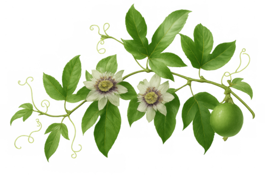 Botanical illustration of a passion fruit branch with flowers and unripe fruit, isolated on transparent background - Powered by Adobe