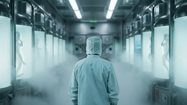 Back view of a scientist in a sterile suit walking through a futuristic laboratory. Human clones or androids are suspended in glowing stasis pods.