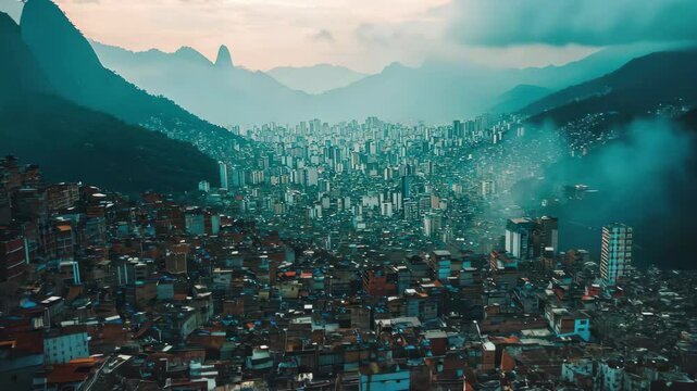 Exploring the vibrant community of Rocinha from above during daytime, Aerial view backwards over the favela Rocinha, daytime in Rio de Janeiro, Brazil