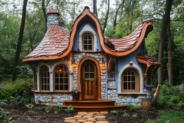Storybook cottage with unique architecture, surrounded by lush greenery, evokes a sense of magic and wonder