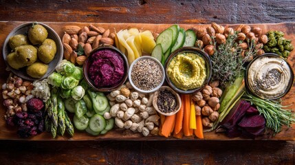 A beautifully arranged raw vegan charcuterie board featuring a variety of nuts, seeds, fresh vegetables, and raw vegan dips