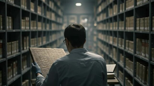 A scholar sits in a dimly lit archive, carefully studying an ancient inscribed artifact. Male historian researching historical documents in a library.