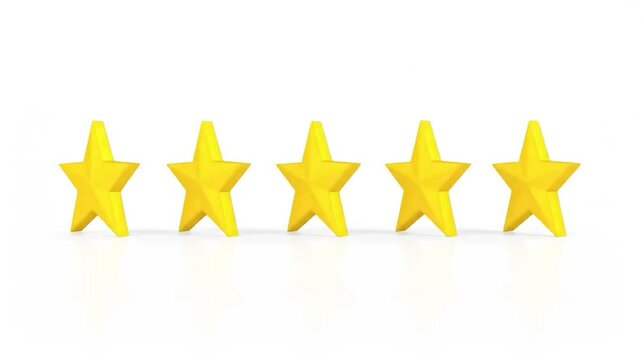 Five 3D yellow stars aligned, casting soft shadows on a reflective white surface