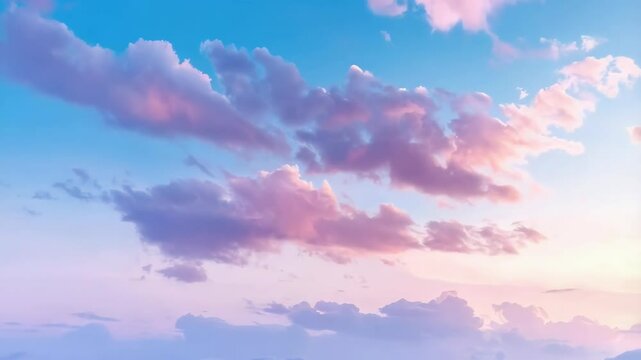 Beautiful sky with cotton candy clouds, pastel colors and soft sunlight in bright sunny day, creating a dreamy atmosphere